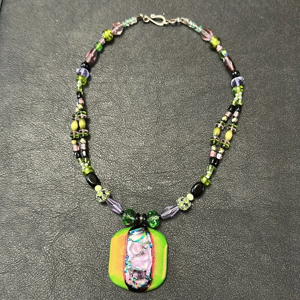 Dichroic Glass Pendant & Glass Beads Shepherd Hook Necklace